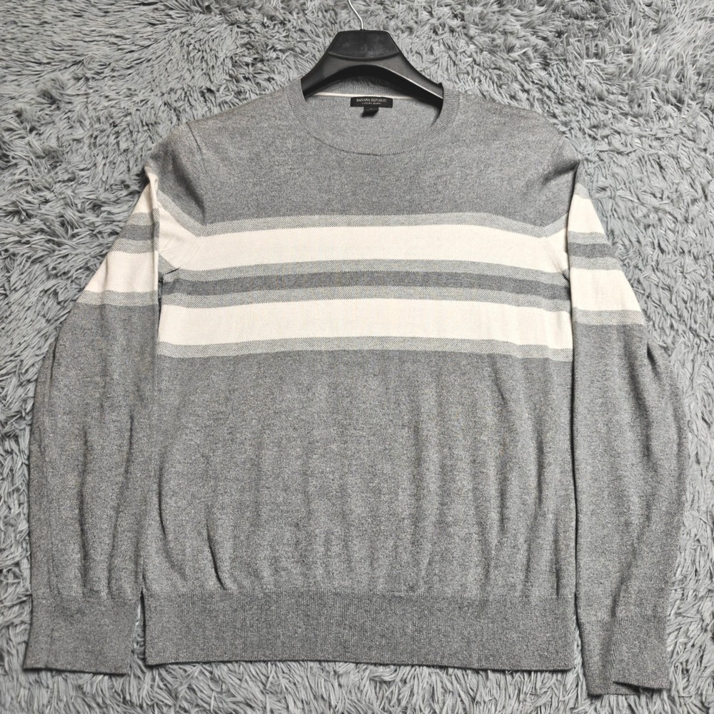 Banana Republic Luxury Sweater Mens Large L Gray Silk Cotton Cashmere Striped